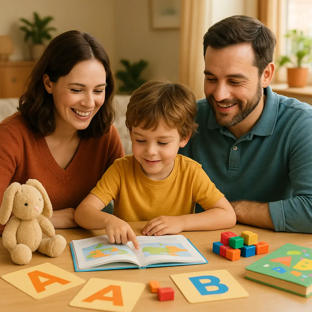 Фото щасливої родини під час навчання за столом з книгою